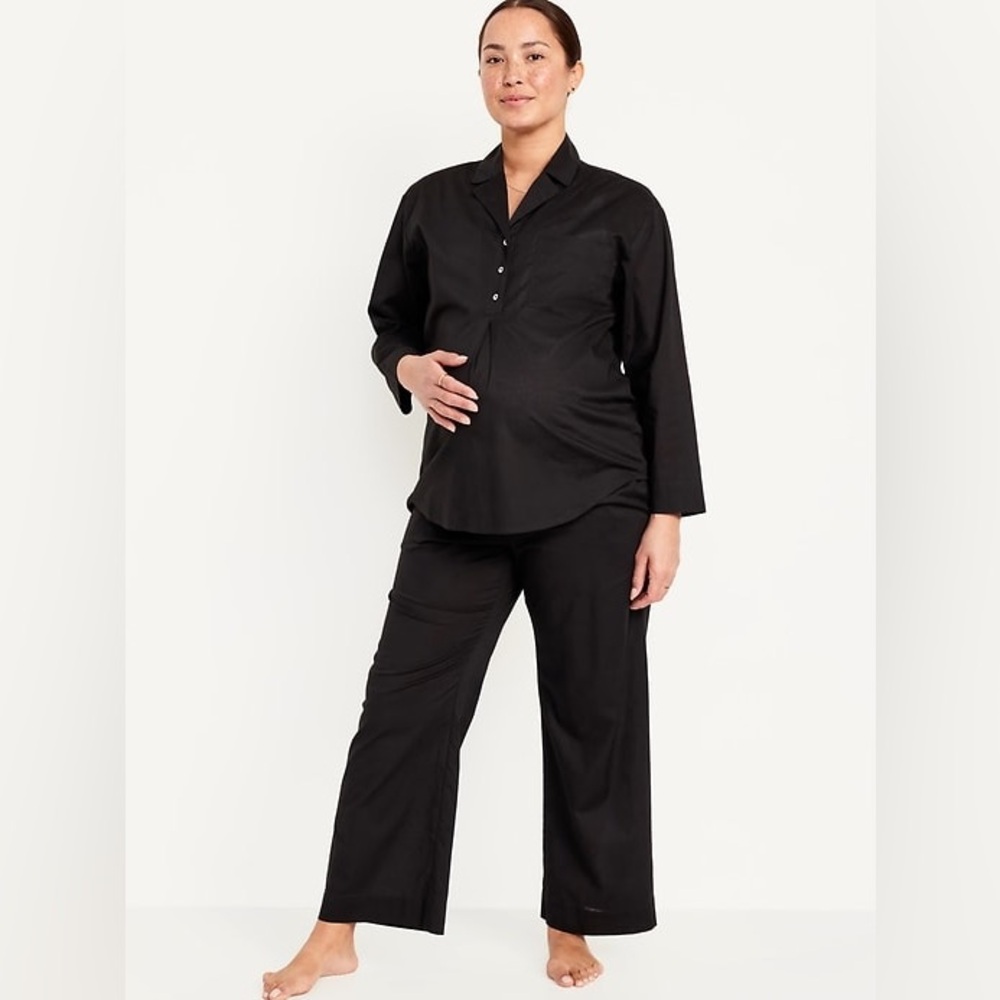 Black Maternity Pajama Set with Button-Up Top